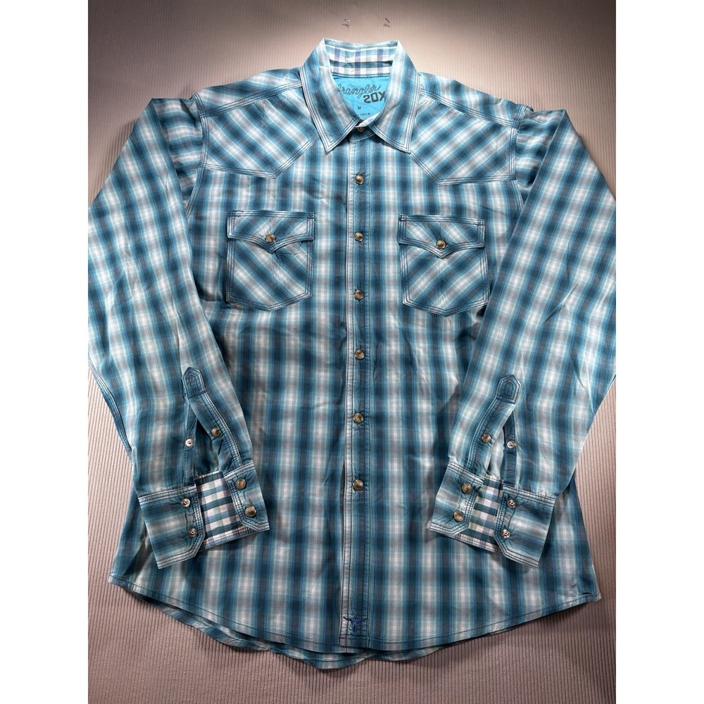 Wrangler 20X Men's Pearl Snap Western Shirt Teal/White Plaid Cowboy Rodeo Medium